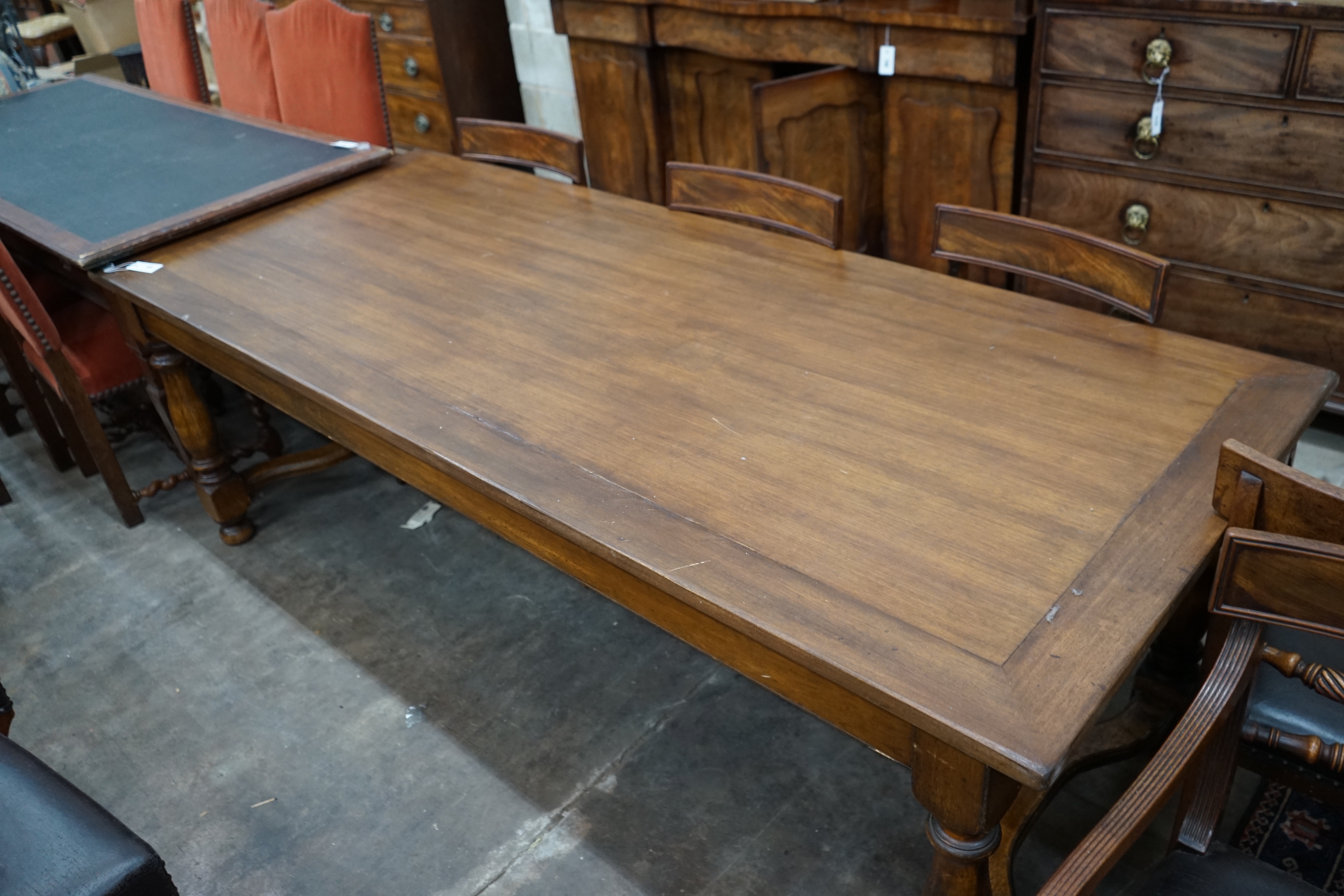 An 18th century style rectangular oak and walnut refectory dining table, 216cm width 89cm height 76cm